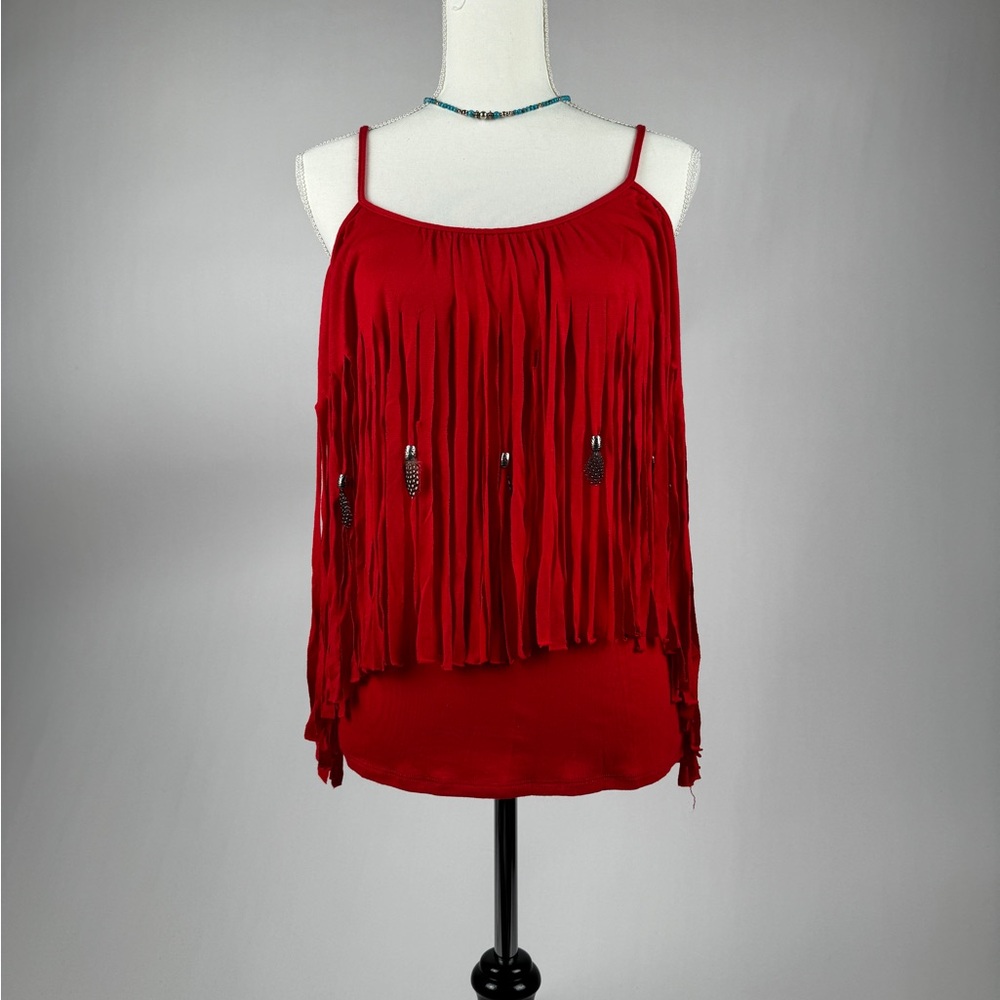 NEW Open Shoulder Fringe Top Red with Beads & Feathers Size M